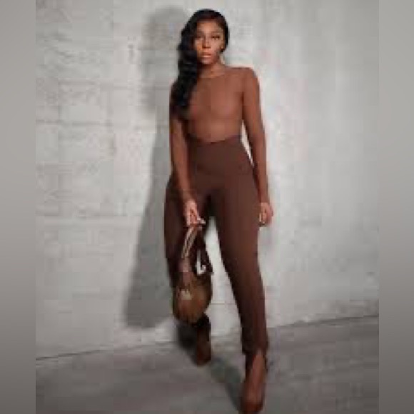 high waisted pants trousers with front slit sexy fit bnwt brown - Picture 3 of 3